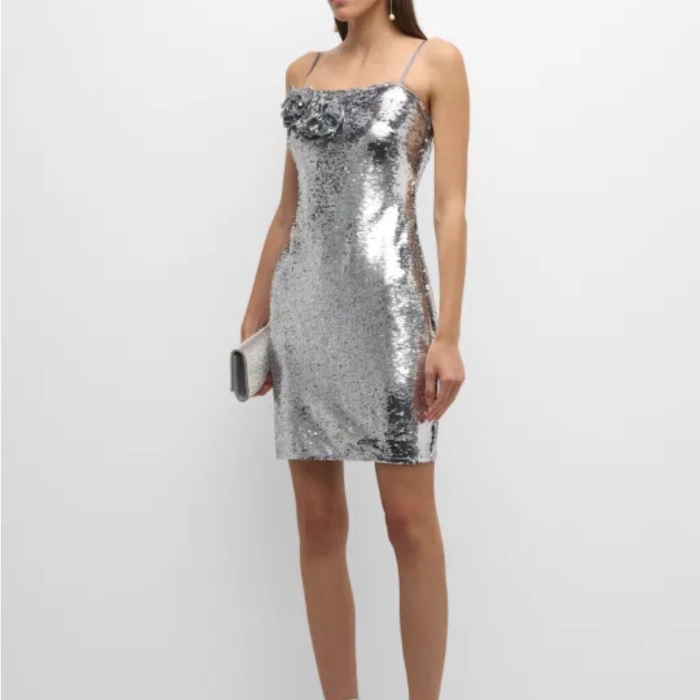 Neiman Marcus Silver Sequin Spaghetti Strap Mini Dress
